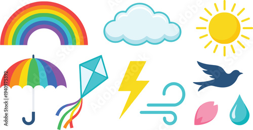 Spring weather outdoor elements with rainbow cloud sun umbrella kite in rainbow colors soft white cyan for cheerful seasonal branding design