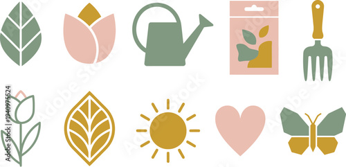 Minimalist modern spring lifestyle elements with geometric leaf flower watering can seed packet in sage green blush pink mustard yellow for contemporary seasonal branding design