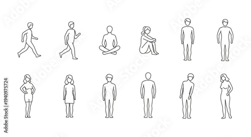 diverse human figures icon set showing various body poses and movements ideal for user interface design and infographic creation