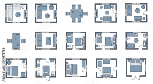 detailed overhead floor plans illustrating diverse home interior room layouts and furniture arrangements ideal for architectural design.