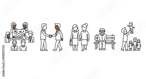 diverse people line illustrations showing business family and aging depicting social interactions community and human life stages.