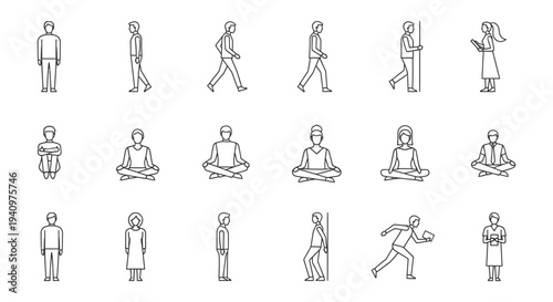 line art human figures depicting diverse poses and actions from walking to meditating useful for activity concepts.