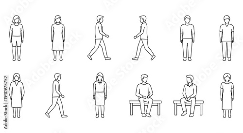 minimalist line art icons of people standing walking and sitting depicting various human actions for graphic design and user interface