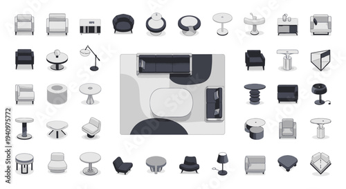 modern minimalist furniture collection showcasing various chairs tables and sofas for interior design and home staging concepts