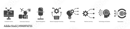 Core computer science banner web icon vector illustration featuring icons of computer science, information retrieval, speech recognition, natural language processing, technology, machine learning