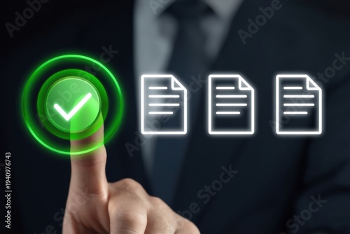 Audit business compliance rules law regulation policy concept with hand pressing green check mark icon on virtual screen