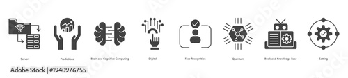 Digital and quantum frontiers banner web icon vector illustration featuring icons of server, predictions, brain and cognitive computing, digital, face recognition, quantum