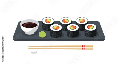 A pixelated illustration depicts six uniform maki sushi rolls with salmon and avocado, served on a dark grey platter with soy sauce, wasabi, and chopsticks on a white background.