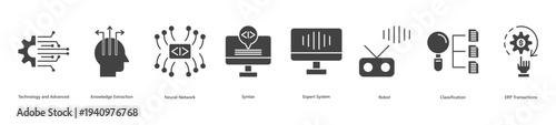 Smart systems architecture banner web icon vector illustration featuring icons of technology and advanced, knowledge extraction, neural network, syntax, expert system, robot