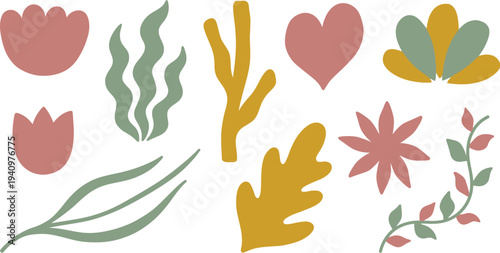 Contemporary abstract floral botanical shapes with rounded flower wavy leaf heart shaped in dusty rose mustard yellow sage green for modern organic branding design