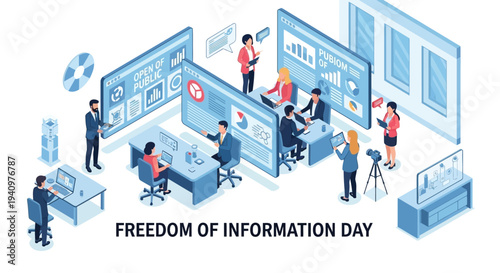 Isometric illustration of people working and accessing information on computers and screens on Freedom of Information Day with a blue and white color scheme.
