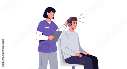 Audiologist performs hearing test on patient with headphones, medical examination