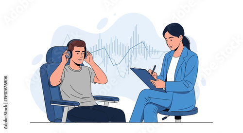 Audiologist testing patient hearing with headphones and audiogram graph background