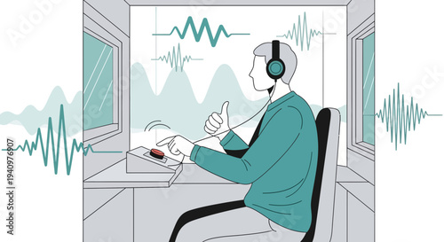 Audiologist testing hearing with headphones and sound waves in soundproof booth