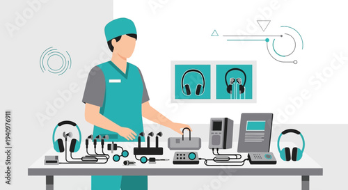 Audiologist with Hearing Test Equipment and Audiometer on Table