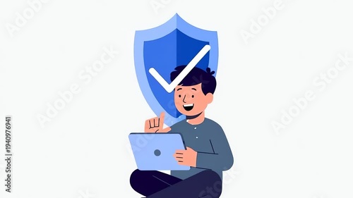 Man Working on Laptop with Security Shield
