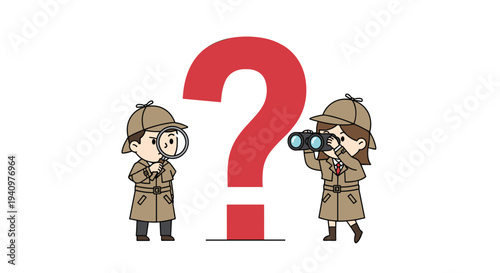 A male detective with a magnifying glass and a female detective with binoculars stand beside a large red question mark.