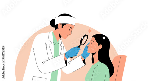 Dermatologist examines patient's face with magnifying glass, skin health checkup concept
