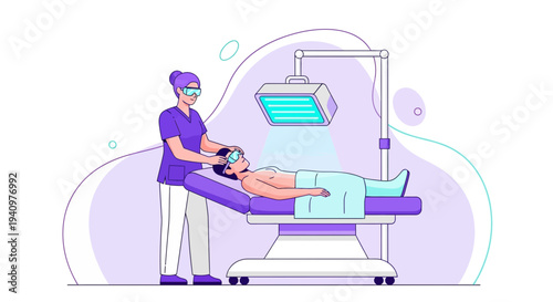 Dermatologist performing phototherapy on patient for skin treatment in clinic