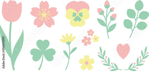Soft spring botanical elements with tulip cherry blossom pansy clover wildflower in blush pink pale lemon mint green for delicate pastel branding design