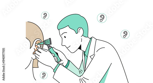 Doctor examining patient's ear with otoscope, hearing check, medical examination