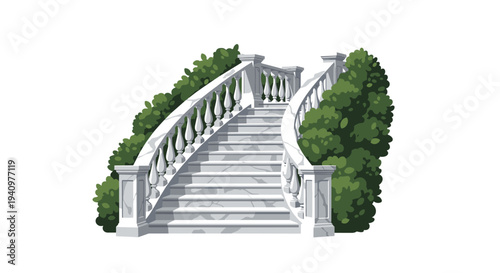 An elegantly curved white marble staircase with an ornate balustrade is flanked by lush green bushes on a pristine white background.