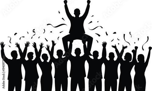 A group of people celebrating with one person lifted up on others hands in a joyful scene