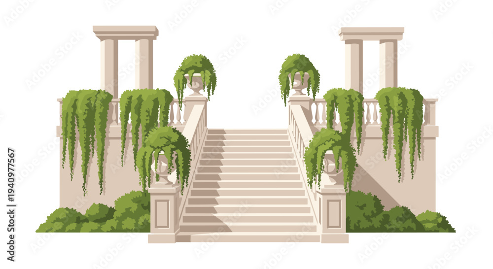 Fototapeta premium A symmetrical double-sided light beige stone staircase with sturdy columns and urns is adorned with bushy green plants and hanging ivy on a white background.
