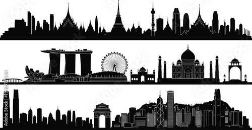 Asian city skyline silhouette vector illustration with iconic landmarks, cultural monuments, modern skyscrapers, architectural diversity, urban design, travel destination artwork
