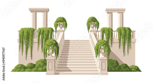 A symmetrical double-sided light beige stone staircase with sturdy columns and urns is adorned with bushy green plants and hanging ivy on a white background.