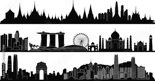 Asian city skylines silhouettes with Bangkok temples, Singapore Marina Bay Sands, Taj Mahal Agra, New Delhi India Gate, cultural architecture illustration