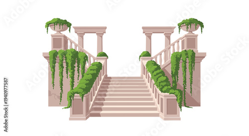A symmetrical double-sided light beige stone staircase with slender columns and urns is heavily draped with long green ivy on a white background.