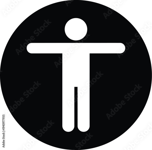 White human figure with outstretched arms inside a solid black circle communicates universal access or tolerance.
