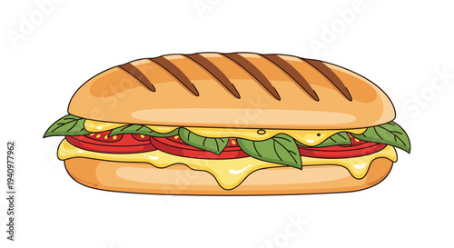 A single long grilled panini sandwich with distinct dark grill marks, melted yellow cheese, and fresh green basil leaves is presented.