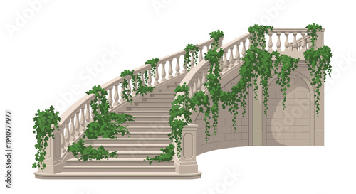 A grand curved light beige stone staircase with an ornate balustrade is heavily overgrown with green ivy and a stone wall.