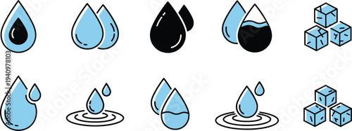 Collection of various water droplet icons alongside simple representations of ice cubes in a clean, graphic design.