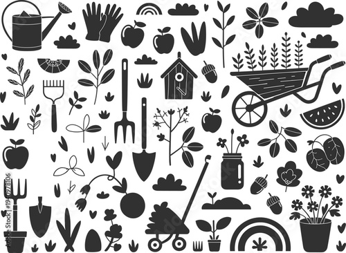 Garden tools and plants icon collection, gardening equipment set, botanical nature elements, farm harvest illustration design