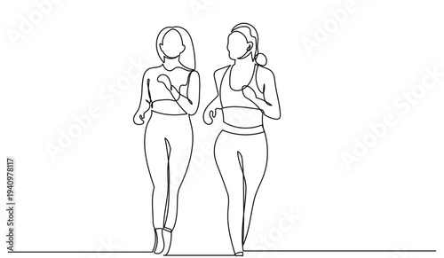 Continuous line drawing of two women jogging together. Minimalist one-line art of female runners. sketch for fitness, marathon training, and healthy lifestyle themes.