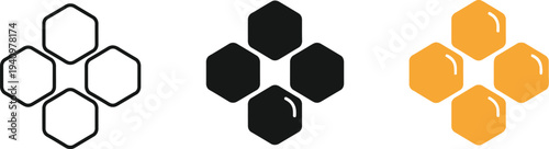 Three styles of honeycomb cell patterns including outline, solid black, and golden filled icons are displayed together.