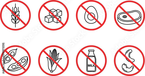 Eight circular prohibition signs clearly indicate various common food allergens and unwanted ingredients are excluded.