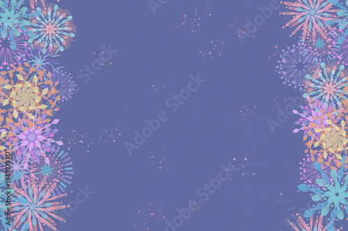 Soft Color Fireworks Border Background on Blue, Watercolor Festival Celebration Design