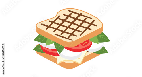 A single square grilled sandwich with prominent dark grill marks, melted white cheese, and fresh green basil leaves is viewed.