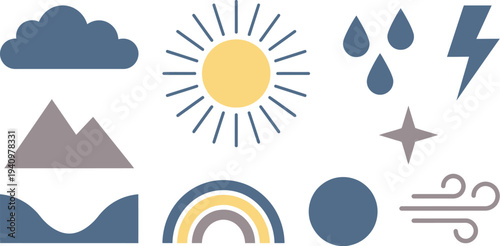 Modern atmospheric landscape elements with cloud sun raindrops lightning star mountain in slate blue soft yellow muted grey for weather nature branding design