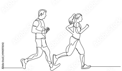 Continuous line drawing of a man and woman running together, a outline illustration of jogging people. Sport concept, fitness training, healthy lifestyle, marathon run isolated on white background.