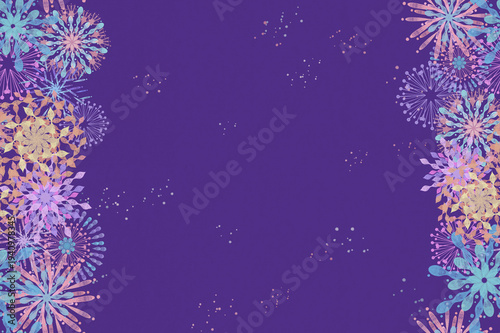 Colorful Fireworks Border Background on Purple, Festival Night Celebration Design