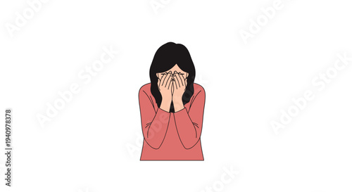 A woman with long black hair wearing a pink shirt covers her face with both hands against a plain white background.