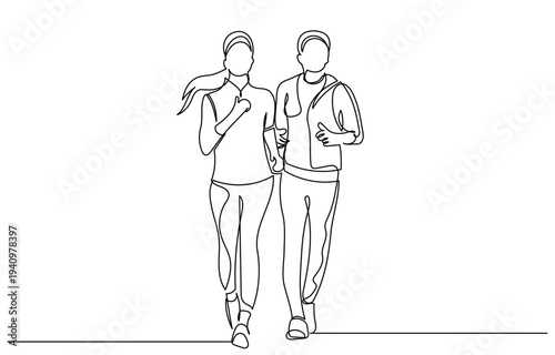 Continuous line drawing of a couple jogging together. Minimalist one-line art of male and female runners. sketch for fitness, marathon training, and healthy lifestyle themes.