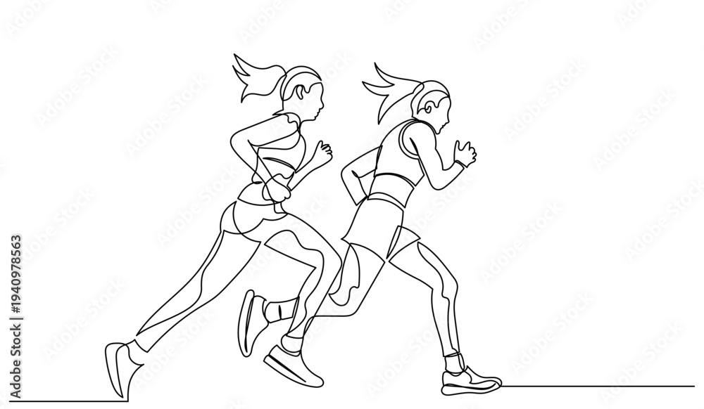 Fototapeta premium Continuous line drawing of two women running side by side. Minimalist one-line art of female joggers in motion. Perfect for fitness, marathons, and sports branding.female run vector illustration