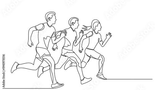 One continuous line drawing of three runners in motion, outline illustration of people jogging together. sport concept, active lifestyle, fitness training, marathon run isolated on a white background.