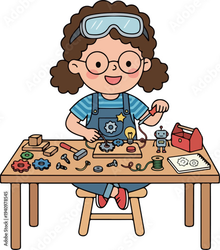 Kid inventor creating robot and invention ideas cartoon illustration